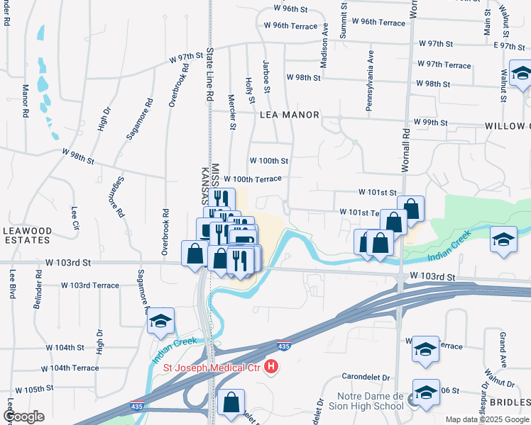 map of restaurants, bars, coffee shops, grocery stores, and more near 1101 West 101st Terrace in Kansas City