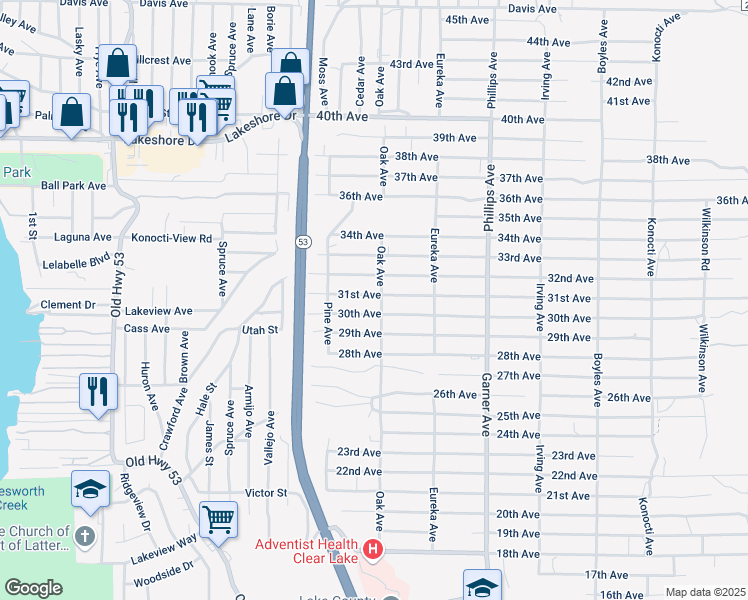 map of restaurants, bars, coffee shops, grocery stores, and more near 15643 31st Avenue in Clearlake