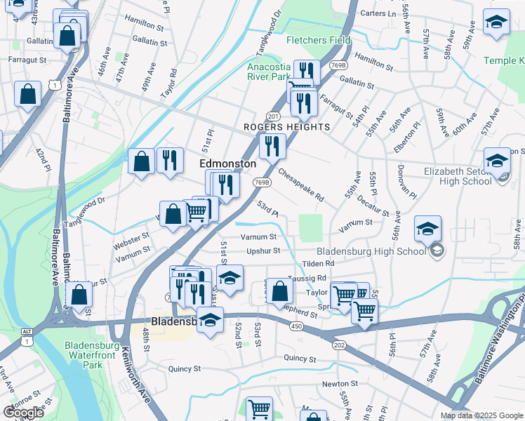 map of restaurants, bars, coffee shops, grocery stores, and more near 5305 Buchanan Street in Hyattsville