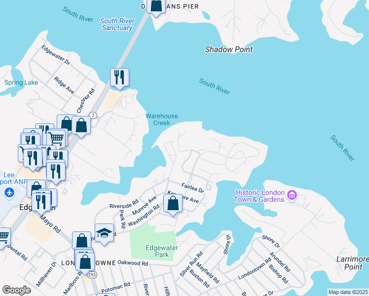 map of restaurants, bars, coffee shops, grocery stores, and more near 370 South River Landing Road in Edgewater
