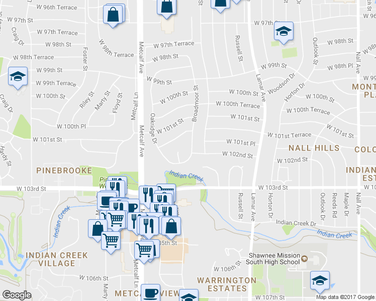 map of restaurants, bars, coffee shops, grocery stores, and more near 10136 Broadmoor Street in Overland Park