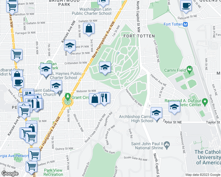 map of restaurants, bars, coffee shops, grocery stores, and more near 109 Webster Street Northwest in Washington
