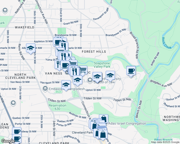 map of restaurants, bars, coffee shops, grocery stores, and more near 2939 Van Ness Street Northwest in Washington