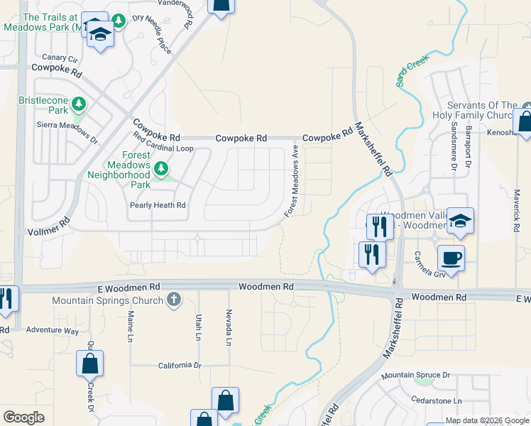 map of restaurants, bars, coffee shops, grocery stores, and more near 8313 Hardwood Circle in Colorado Springs