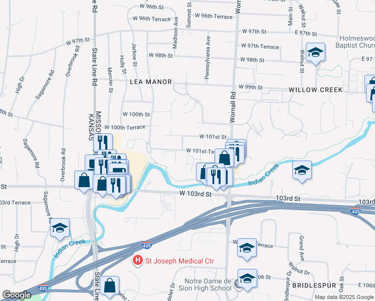map of restaurants, bars, coffee shops, grocery stores, and more near 701 W 101st Terrace in Kansas City