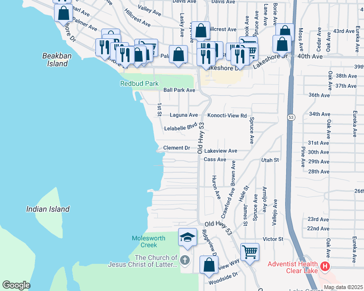 map of restaurants, bars, coffee shops, grocery stores, and more near 14930 Clement Drive in Clearlake