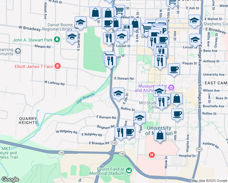 map of restaurants, bars, coffee shops, grocery stores, and more near 605 South 4th Street in Columbia
