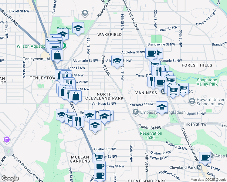 map of restaurants, bars, coffee shops, grocery stores, and more near 3614 Warren Street Northwest in Washington