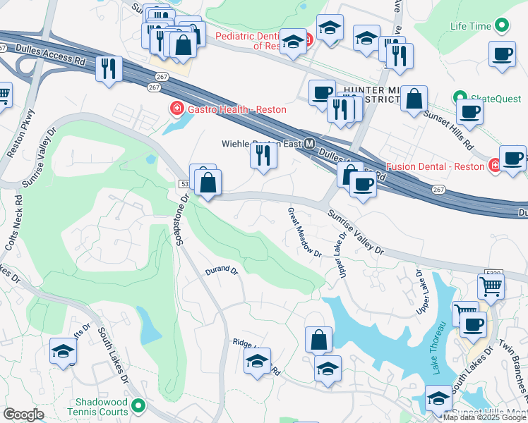 map of restaurants, bars, coffee shops, grocery stores, and more near 2025 Wethersfield Court in Reston