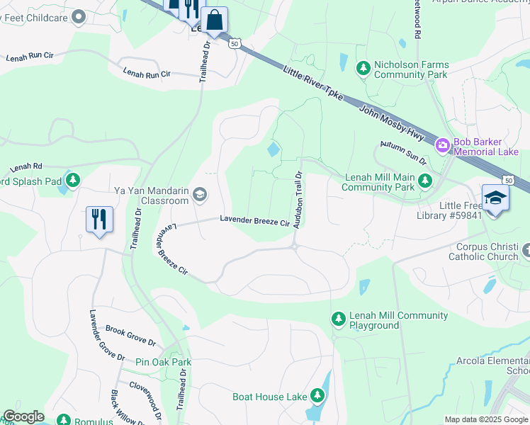 map of restaurants, bars, coffee shops, grocery stores, and more near 24303 Purple Finch Drive in Aldie