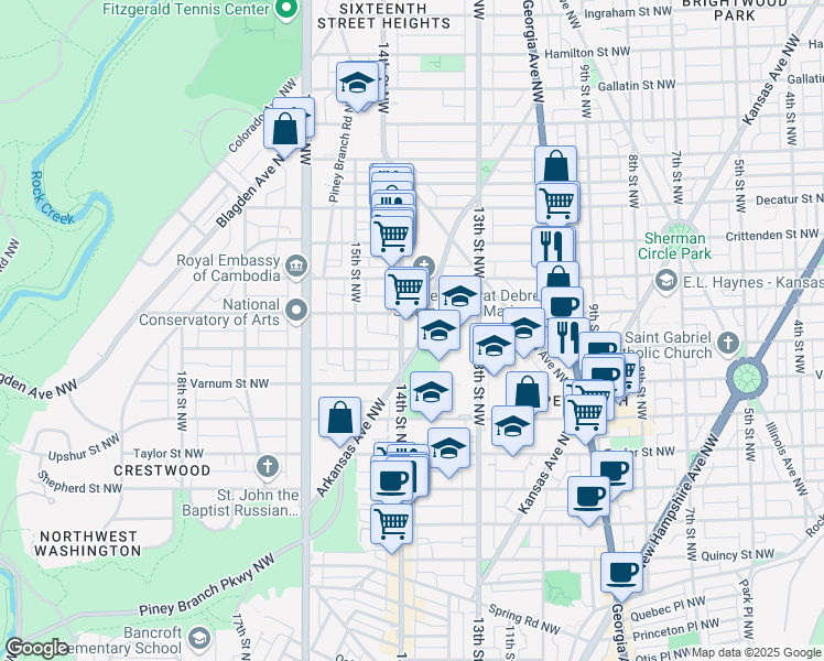 map of restaurants, bars, coffee shops, grocery stores, and more near 4411 14th Street Northwest in Washington