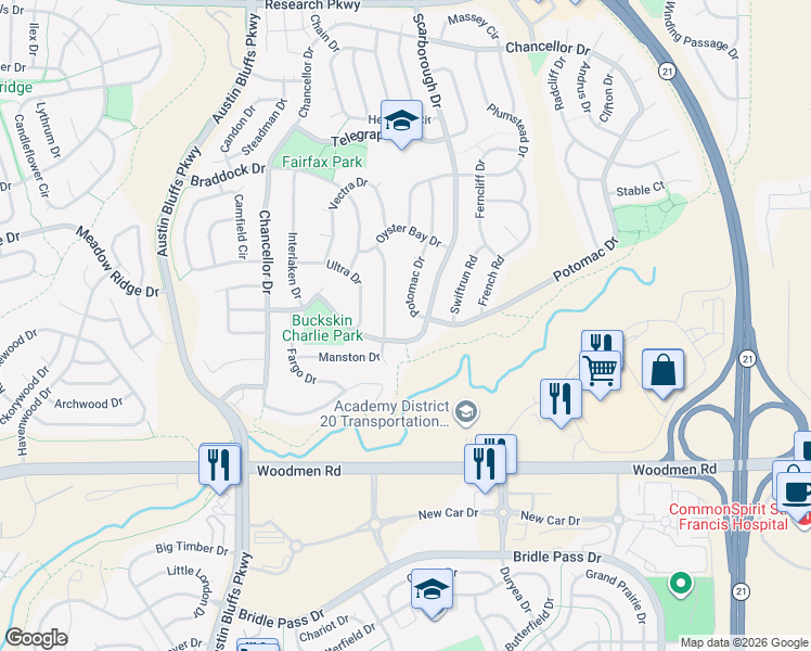 map of restaurants, bars, coffee shops, grocery stores, and more near 7810 Potomac Drive in Colorado Springs