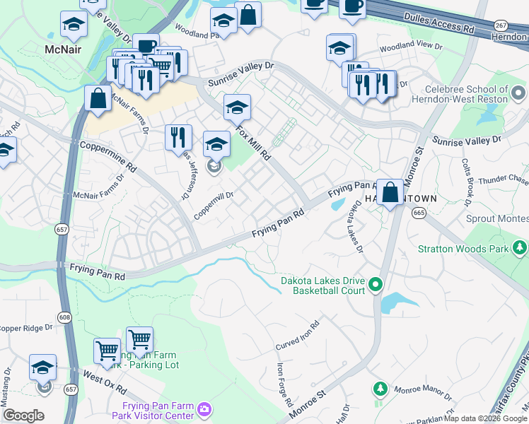 map of restaurants, bars, coffee shops, grocery stores, and more near 13120 Plotner Farm Road in Herndon