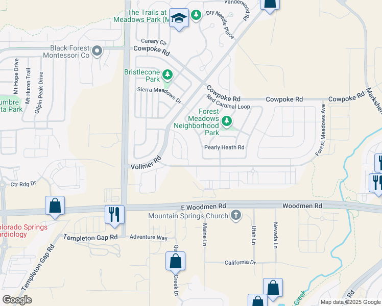 map of restaurants, bars, coffee shops, grocery stores, and more near 7645 Kiana Drive in Colorado Springs
