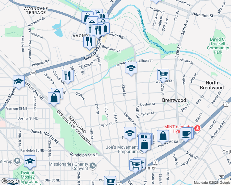 map of restaurants, bars, coffee shops, grocery stores, and more near 3104 Varnum Street in Mount Rainier