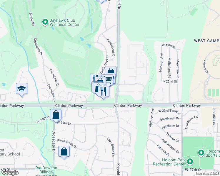 map of restaurants, bars, coffee shops, grocery stores, and more near 3504 Clinton Parkway in Lawrence
