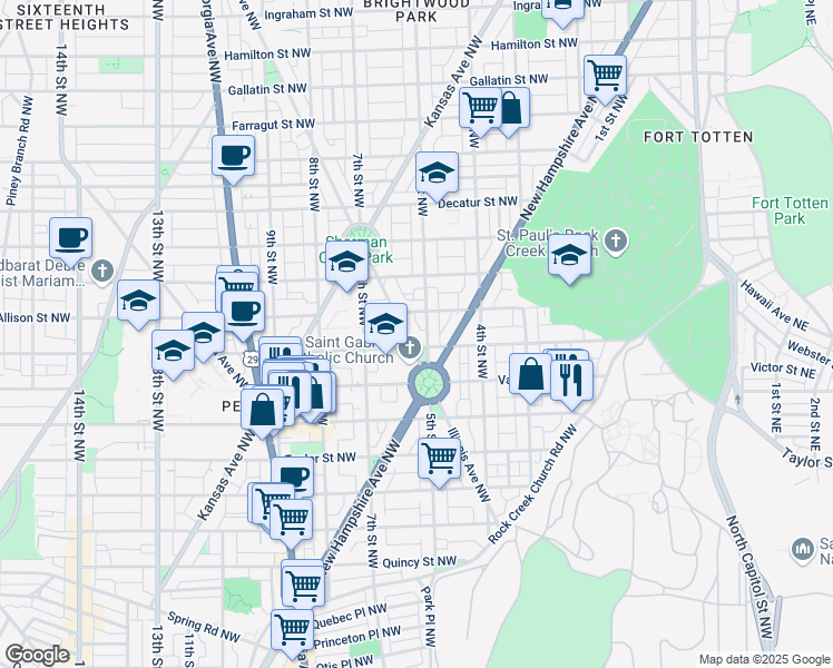 map of restaurants, bars, coffee shops, grocery stores, and more near 4409 Illinois Avenue Northwest in Washington