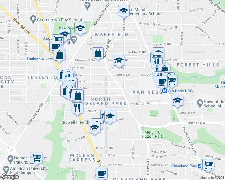 map of restaurants, bars, coffee shops, grocery stores, and more near 3624 Warren Street Northwest in Washington
