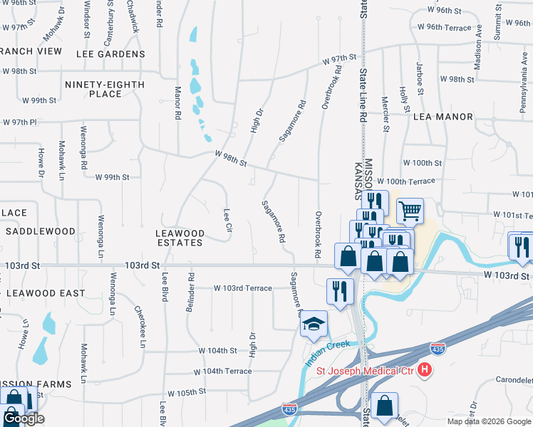 map of restaurants, bars, coffee shops, grocery stores, and more near 9824 Sagamore Road in Leawood