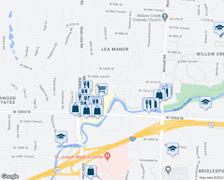 map of restaurants, bars, coffee shops, grocery stores, and more near 1003 West 101st Terrace in Kansas City