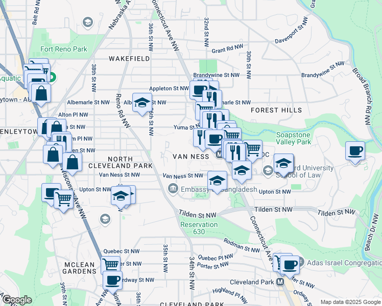 map of restaurants, bars, coffee shops, grocery stores, and more near 4100 Connecticut Avenue Northwest in Washington