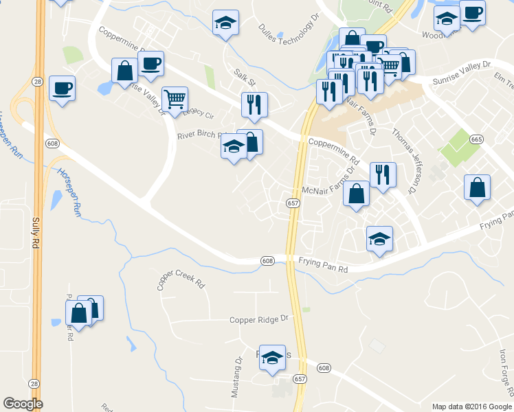 map of restaurants, bars, coffee shops, grocery stores, and more near 13614 Red Squirrel Way in Herndon