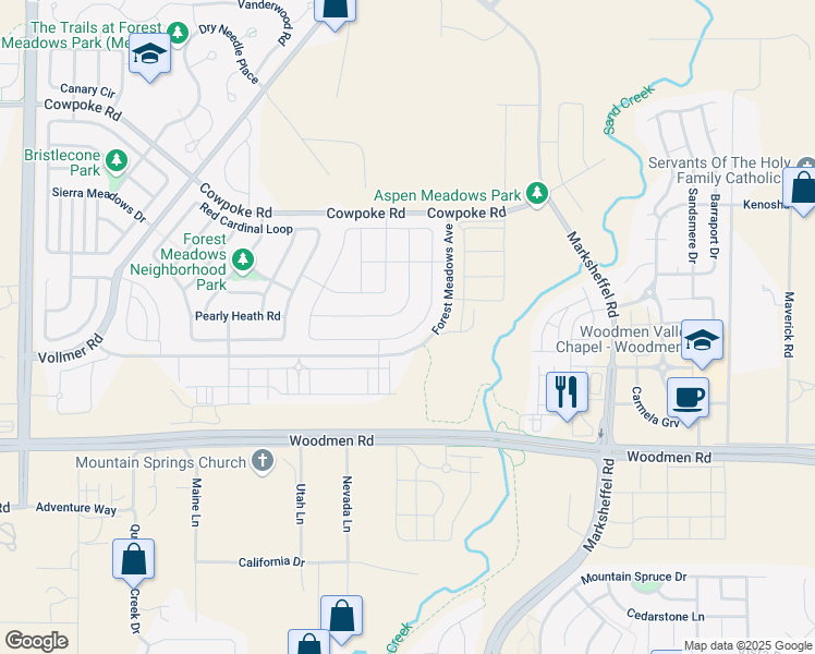 map of restaurants, bars, coffee shops, grocery stores, and more near 8325 Hardwood Circle in Colorado Springs