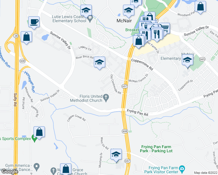 map of restaurants, bars, coffee shops, grocery stores, and more near 13614 Red Squirrel Way in Herndon