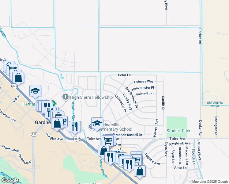 map of restaurants, bars, coffee shops, grocery stores, and more near 1316 Chichester Drive in Gardnerville