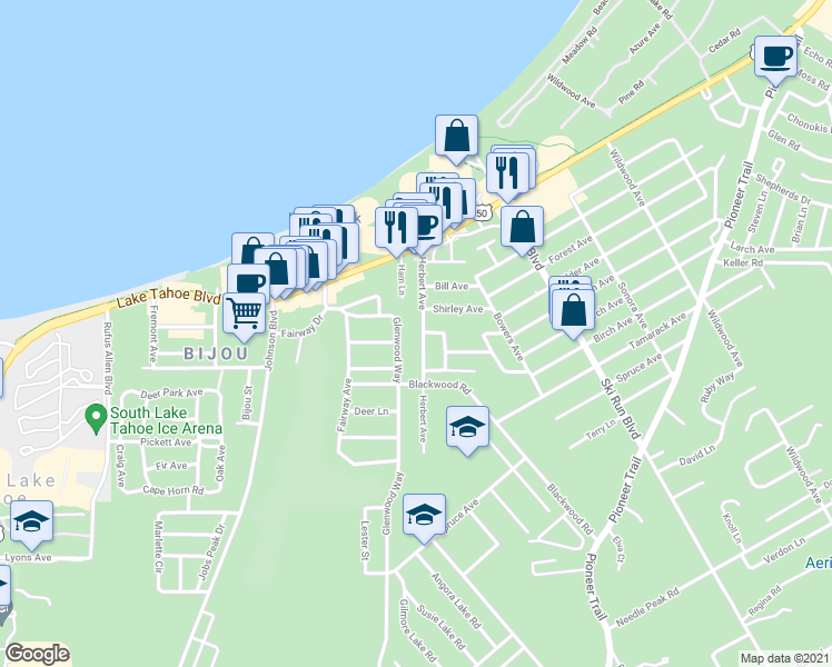 map of restaurants, bars, coffee shops, grocery stores, and more near 1072 Herbert Avenue in South Lake Tahoe