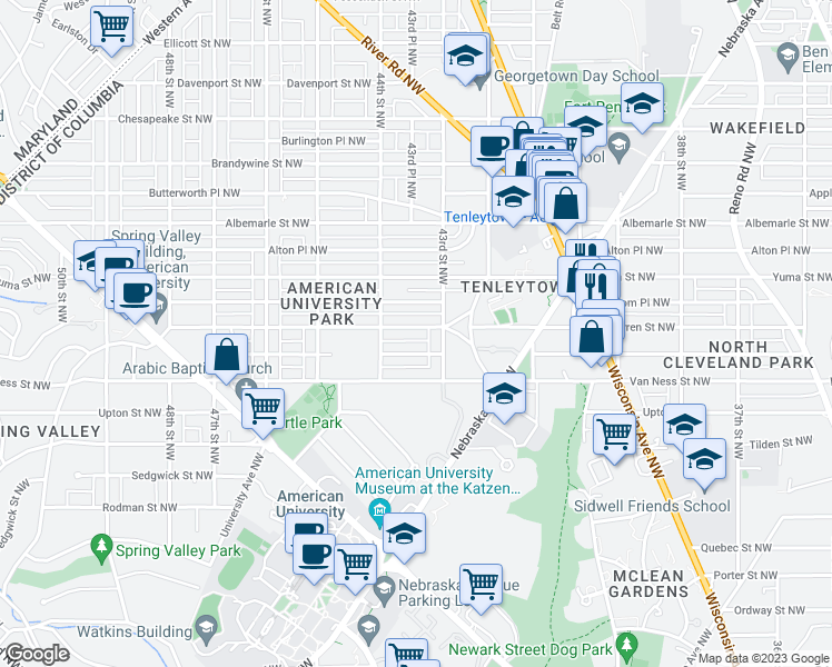 map of restaurants, bars, coffee shops, grocery stores, and more near 4324 Warren Street Northwest in Washington