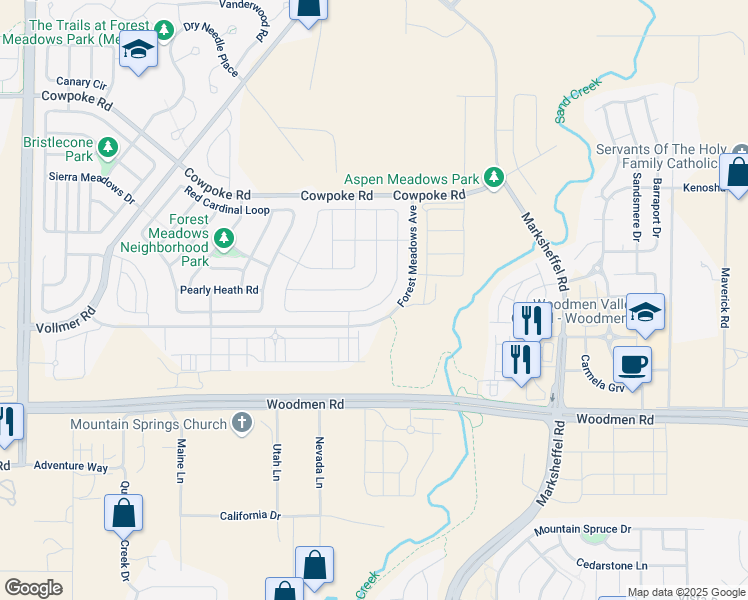 map of restaurants, bars, coffee shops, grocery stores, and more near 8325 Hardwood Circle in Colorado Springs