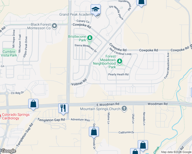 map of restaurants, bars, coffee shops, grocery stores, and more near 7705 Camille Court in Colorado Springs