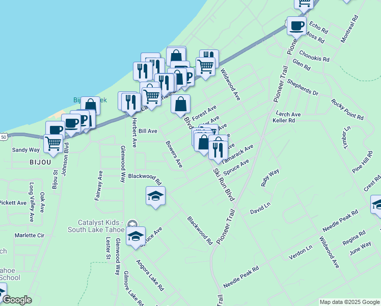 map of restaurants, bars, coffee shops, grocery stores, and more near 3613 Larch Avenue in South Lake Tahoe
