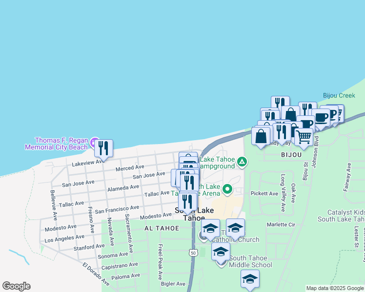 map of restaurants, bars, coffee shops, grocery stores, and more near 999 Lakeview Avenue in South Lake Tahoe