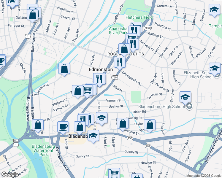 map of restaurants, bars, coffee shops, grocery stores, and more near 101 Independence Avenue Southeast in Washington