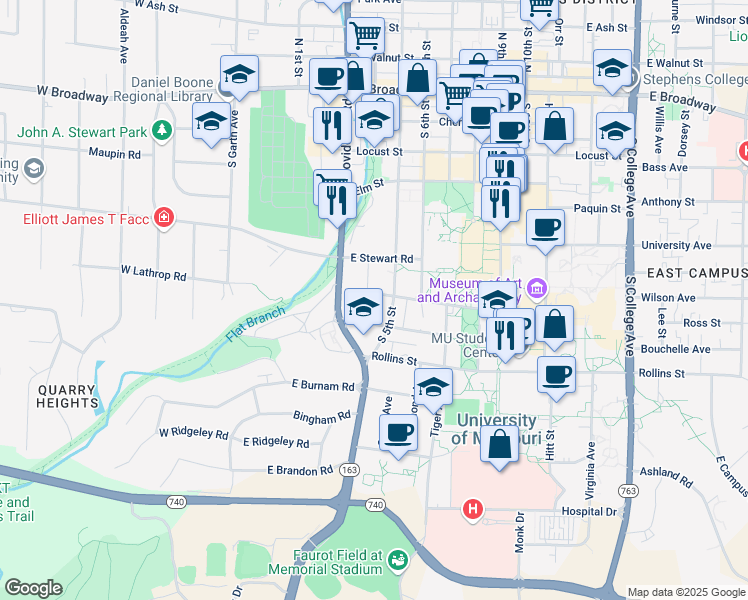 map of restaurants, bars, coffee shops, grocery stores, and more near 605 South 5th Street in Columbia