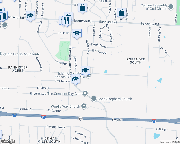 map of restaurants, bars, coffee shops, grocery stores, and more near 8502 East 99 Street in Kansas City