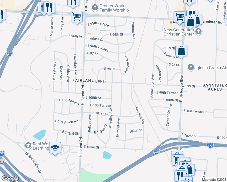 map of restaurants, bars, coffee shops, grocery stores, and more near 9911 Wheeling Avenue in Kansas City