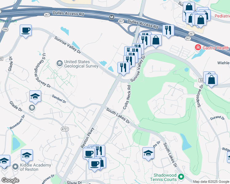 map of restaurants, bars, coffee shops, grocery stores, and more near 2064 Royal Fern Court in Reston