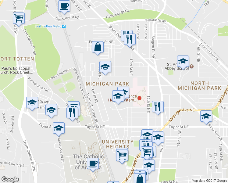 map of restaurants, bars, coffee shops, grocery stores, and more near 925 Buchanan Street Northeast in Washington