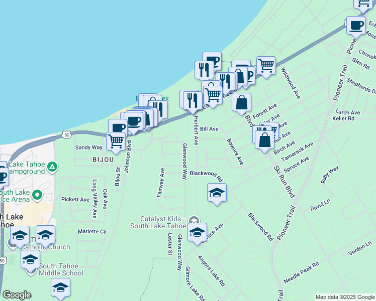 map of restaurants, bars, coffee shops, grocery stores, and more near 1065 Glenwood Way in South Lake Tahoe