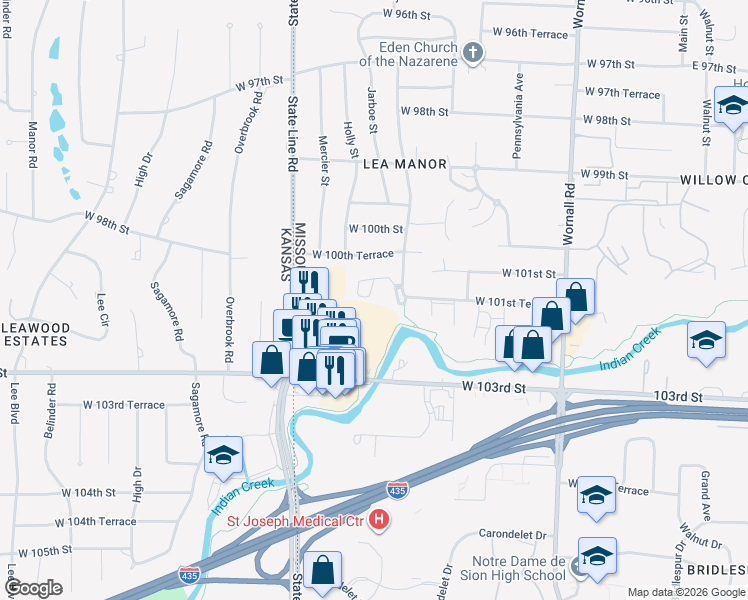 map of restaurants, bars, coffee shops, grocery stores, and more near 1101 West 101st Terrace in Kansas City