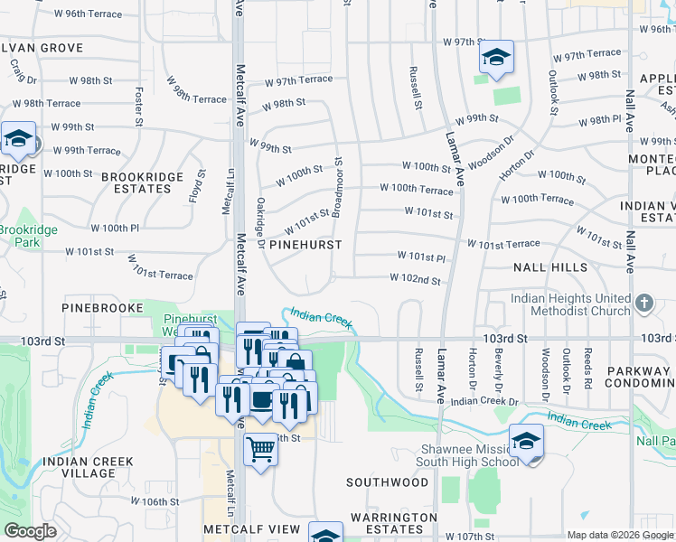 map of restaurants, bars, coffee shops, grocery stores, and more near 10136 Broadmoor Street in Overland Park