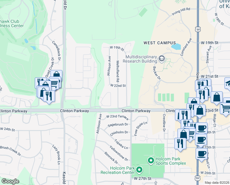 map of restaurants, bars, coffee shops, grocery stores, and more near 2202 Breckenridge Drive in Lawrence
