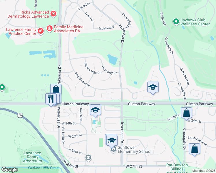 map of restaurants, bars, coffee shops, grocery stores, and more near 4416 Wimbledon Drive in Lawrence