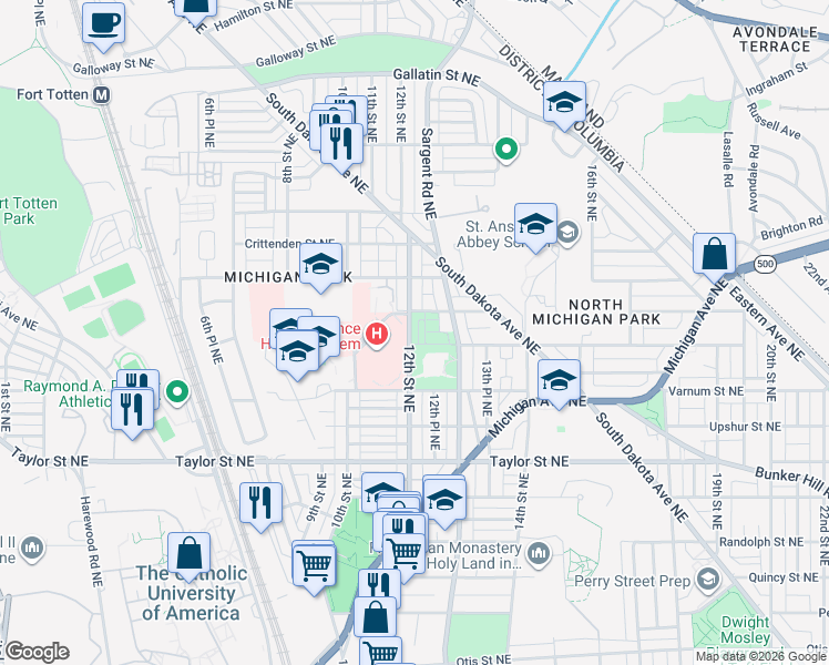 map of restaurants, bars, coffee shops, grocery stores, and more near 4509 12th Street Northeast in Washington