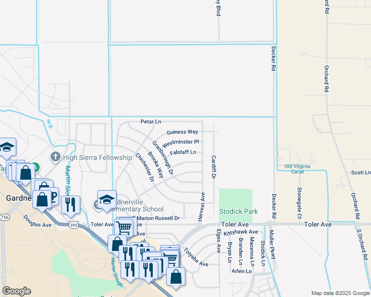 map of restaurants, bars, coffee shops, grocery stores, and more near 1376 Falstaff Lane in Gardnerville