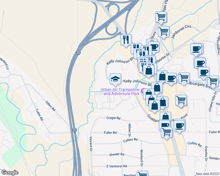 map of restaurants, bars, coffee shops, grocery stores, and more near 1277 Kelly Johnson Boulevard in Colorado Springs