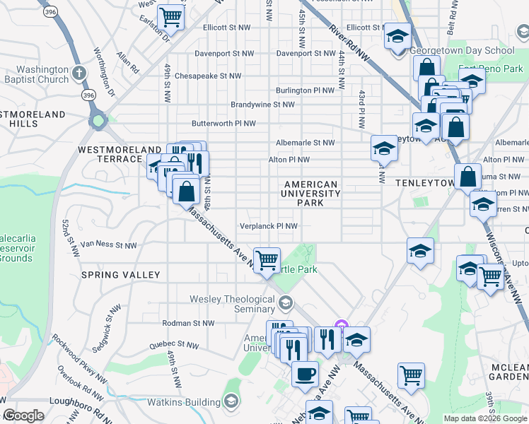 map of restaurants, bars, coffee shops, grocery stores, and more near 4600 Warren Street Northwest in Washington